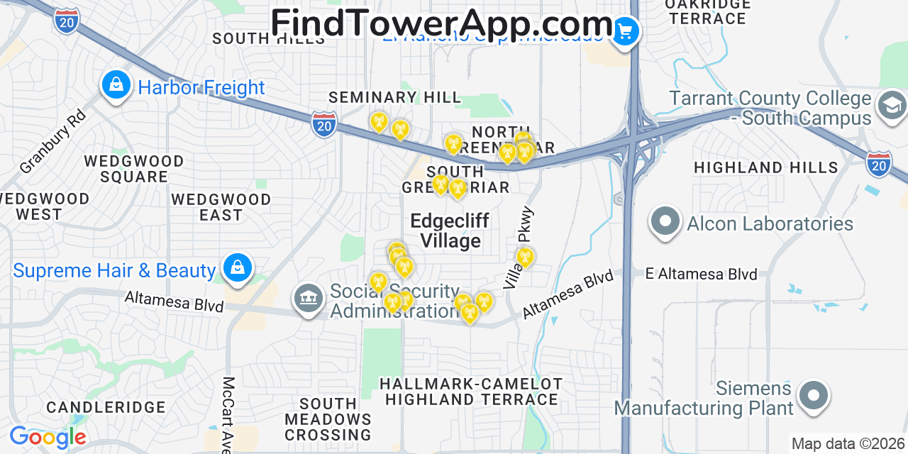 Map showing the 20 primary cell tower locations detected in Edgecliff Village, Texas from AT&T, Verizon, and T-Mobile networks