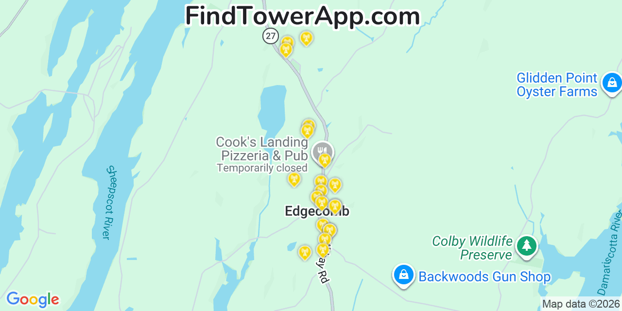 Map showing the 20 primary cell tower locations detected in Edgecomb, Maine from AT&T, Verizon, and T-Mobile networks