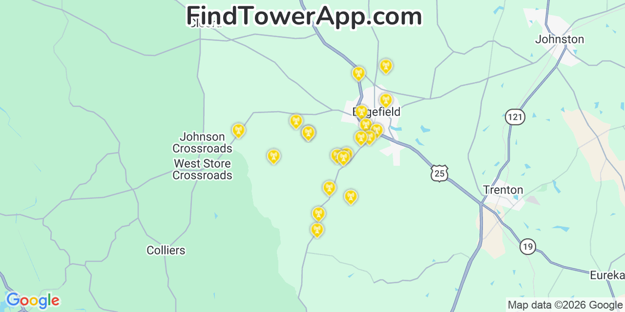 Map showing the 20 primary cell tower locations detected in Edgefield, South Carolina from AT&T, Verizon, and T-Mobile networks