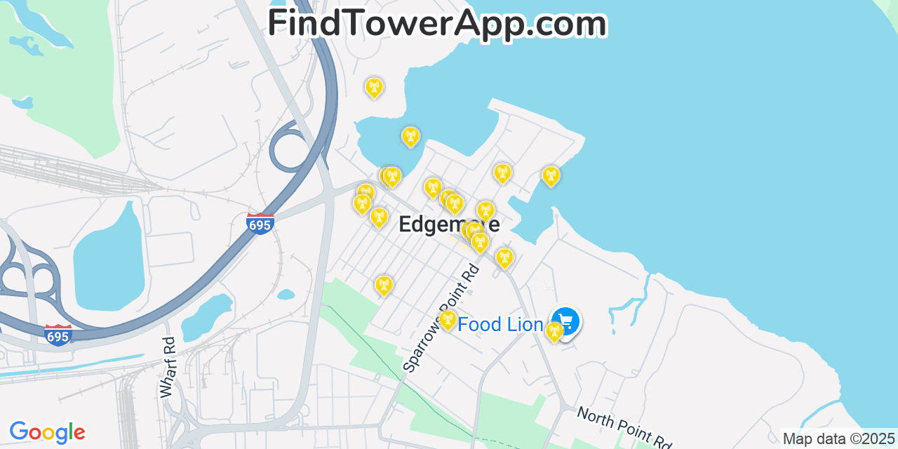 Map showing the 20 primary cell tower locations detected in Edgemere, Maryland from AT&T, Verizon, and T-Mobile networks