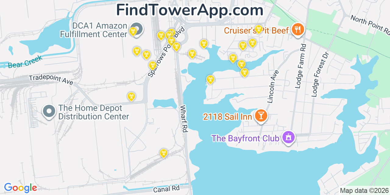 Map showing the 20 primary cell tower locations detected in Edgemere, Maryland from AT&T, Verizon, and T-Mobile networks