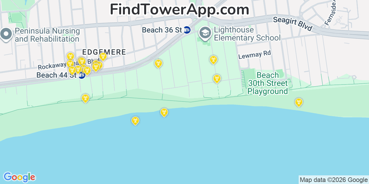 Map showing the 20 primary cell tower locations detected in Edgemere, New York from AT&T, Verizon, and T-Mobile networks