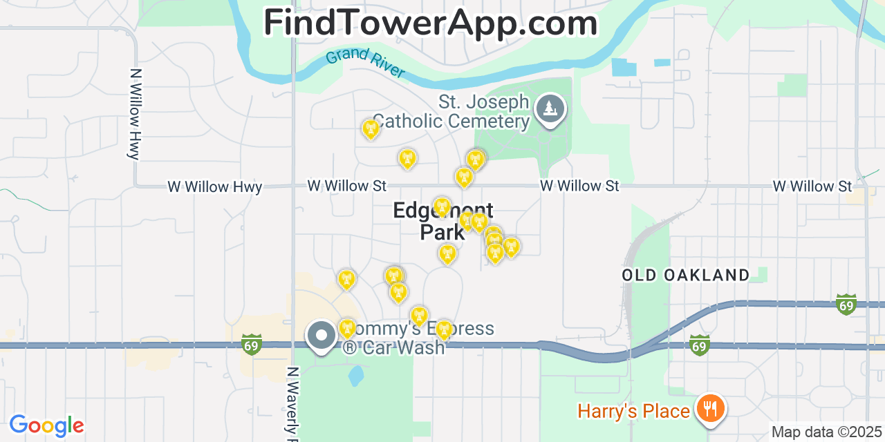 Map showing the 20 primary cell tower locations detected in Edgemont Park, Michigan from AT&T, Verizon, and T-Mobile networks