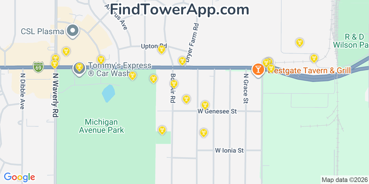 Map showing the 20 primary cell tower locations detected in Edgemont Park, Michigan from AT&T, Verizon, and T-Mobile networks