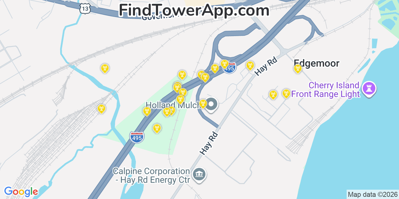 Map showing the 20 primary cell tower locations detected in Edgemoor, Delaware from AT&T, Verizon, and T-Mobile networks