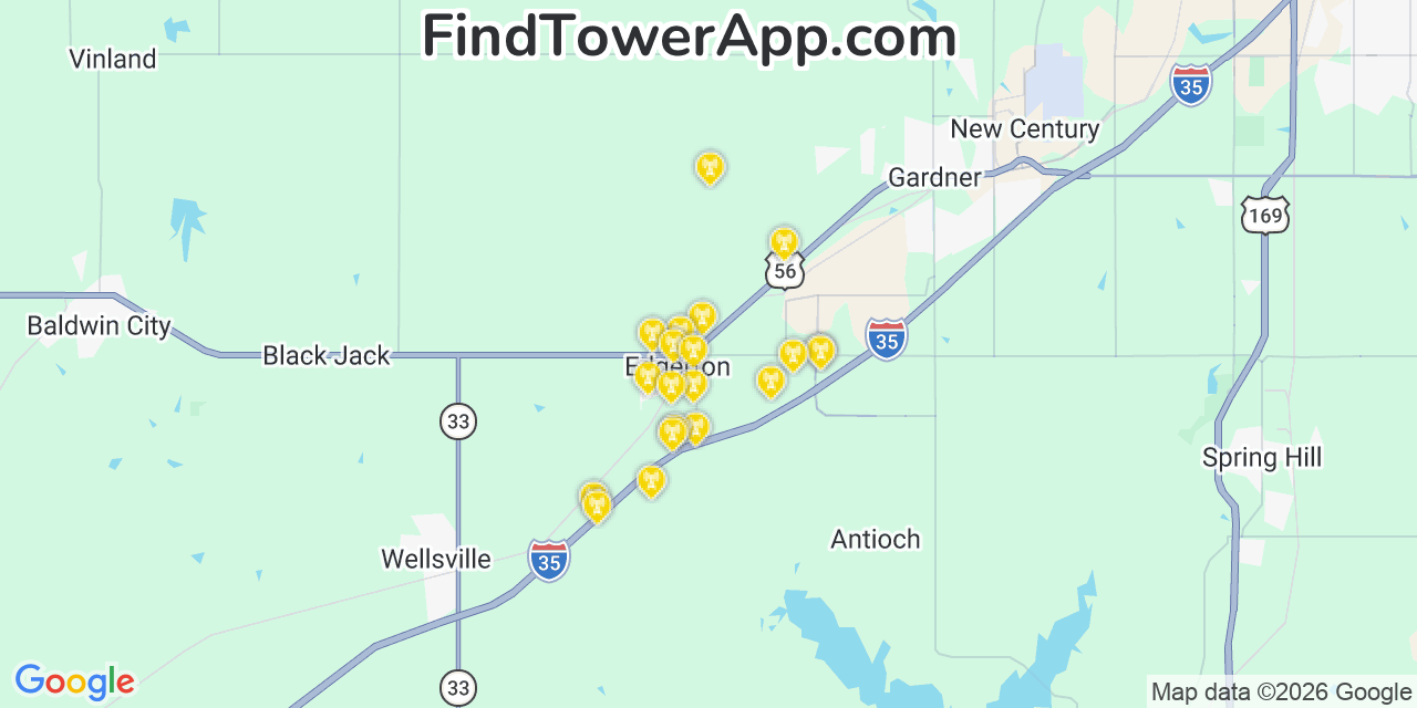 Map showing the 20 primary cell tower locations detected in Edgerton, Kansas from AT&T, Verizon, and T-Mobile networks