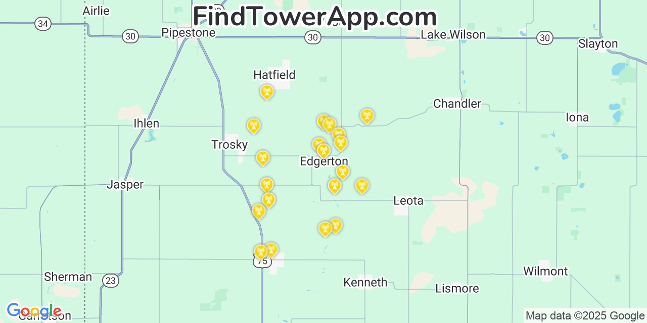 Map showing the 20 primary cell tower locations detected in Edgerton, Minnesota from AT&T, Verizon, and T-Mobile networks
