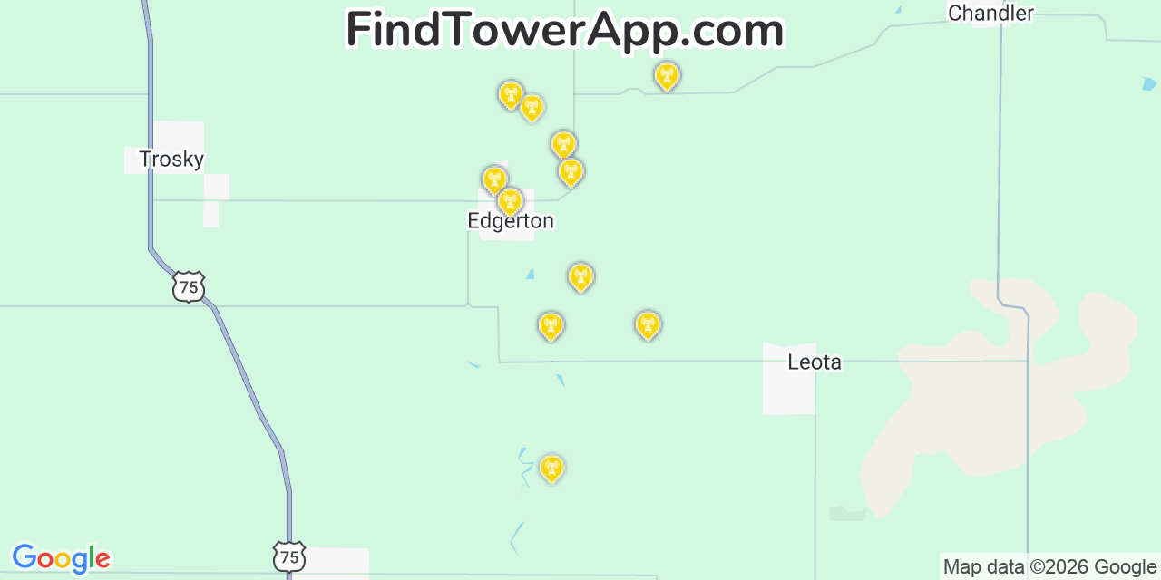 Map showing the 20 primary cell tower locations detected in Edgerton, Minnesota from AT&T, Verizon, and T-Mobile networks