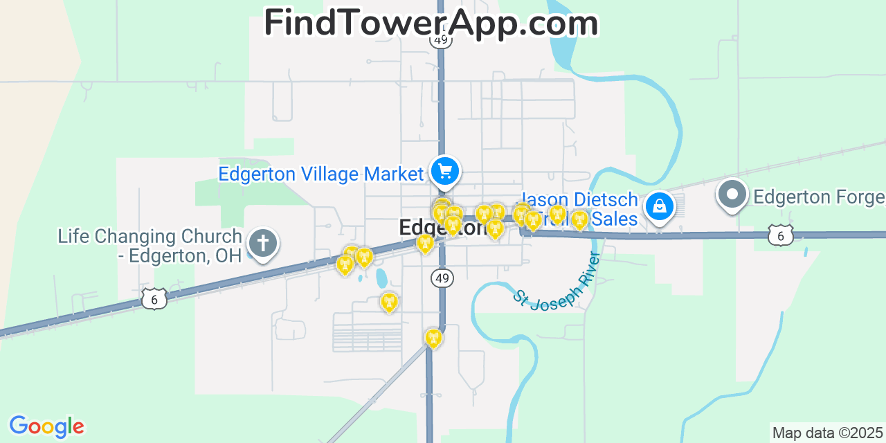 Map showing the 20 primary cell tower locations detected in Edgerton, Ohio from AT&T, Verizon, and T-Mobile networks