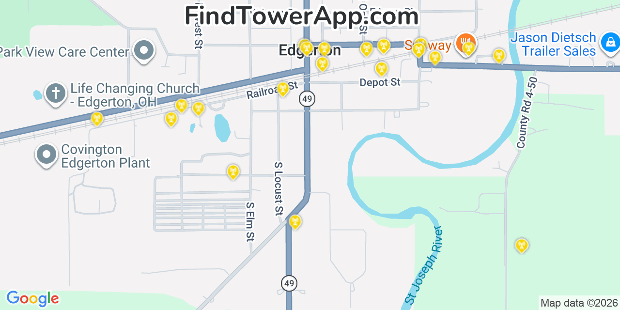 Map showing the 20 primary cell tower locations detected in Edgerton, Ohio from AT&T, Verizon, and T-Mobile networks