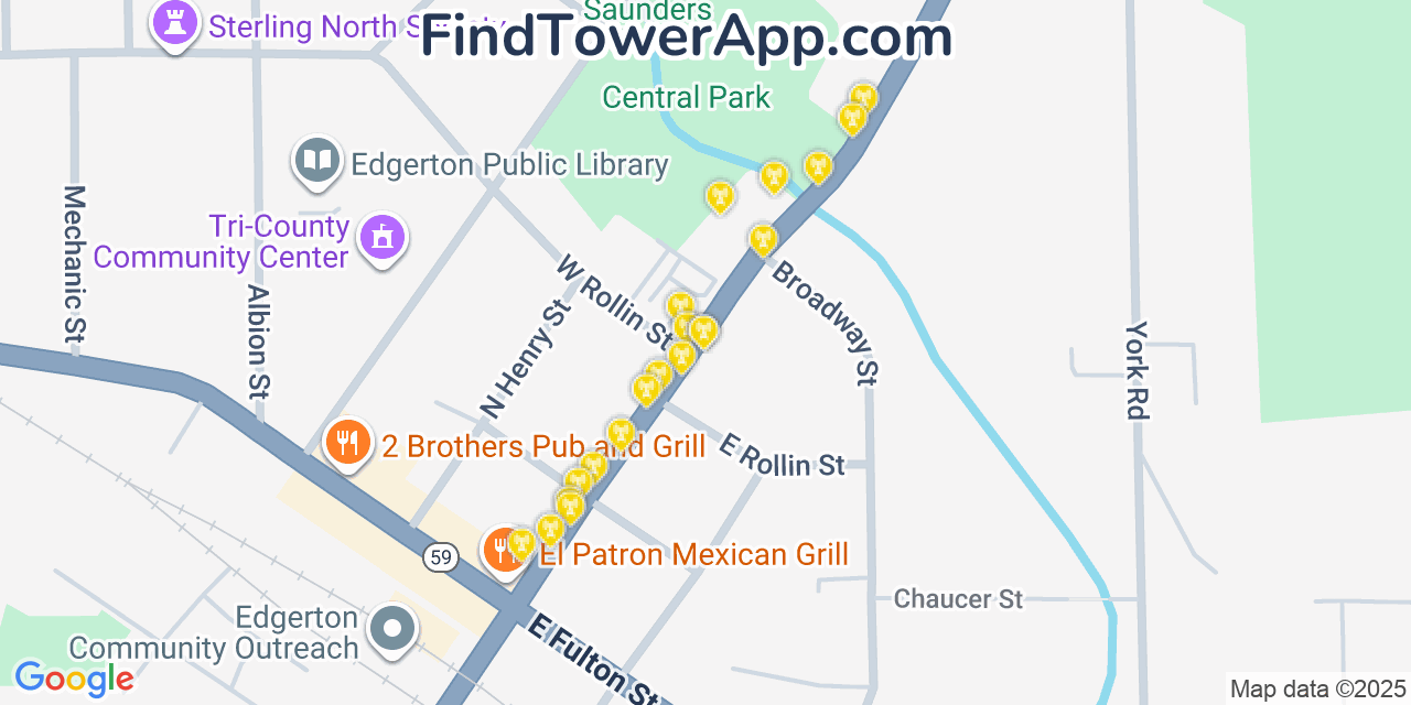 Map showing the 20 primary cell tower locations detected in Edgerton, Wisconsin from AT&T, Verizon, and T-Mobile networks