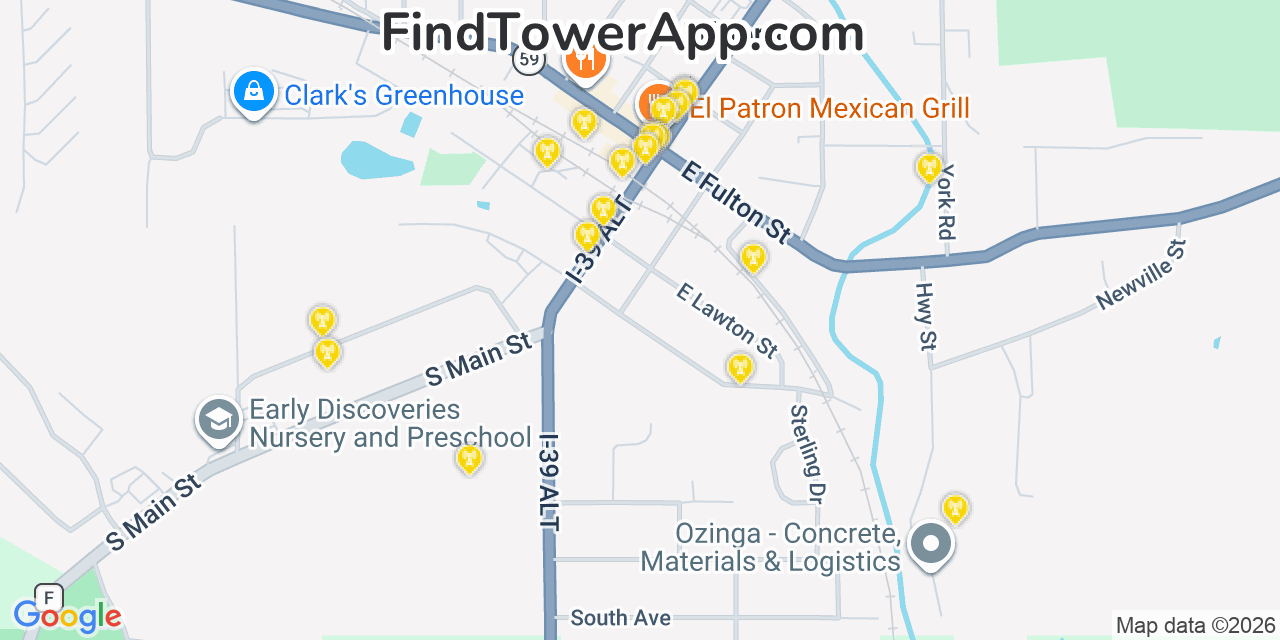 Map showing the 20 primary cell tower locations detected in Edgerton, Wisconsin from AT&T, Verizon, and T-Mobile networks