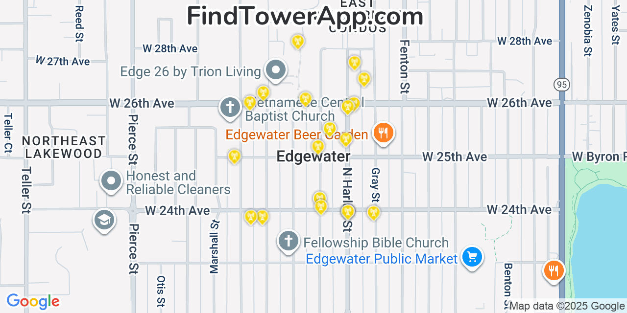 Map showing the 20 primary cell tower locations detected in Edgewater, Colorado from AT&T, Verizon, and T-Mobile networks