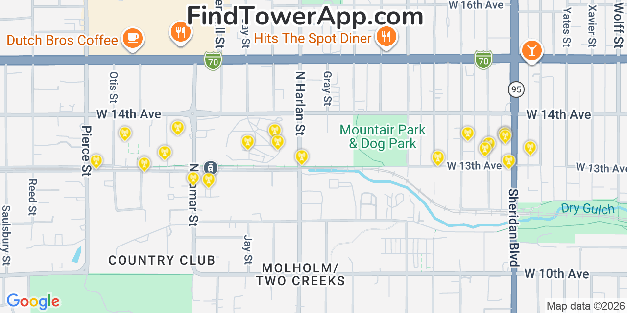 Map showing the 20 primary cell tower locations detected in Edgewater, Colorado from AT&T, Verizon, and T-Mobile networks