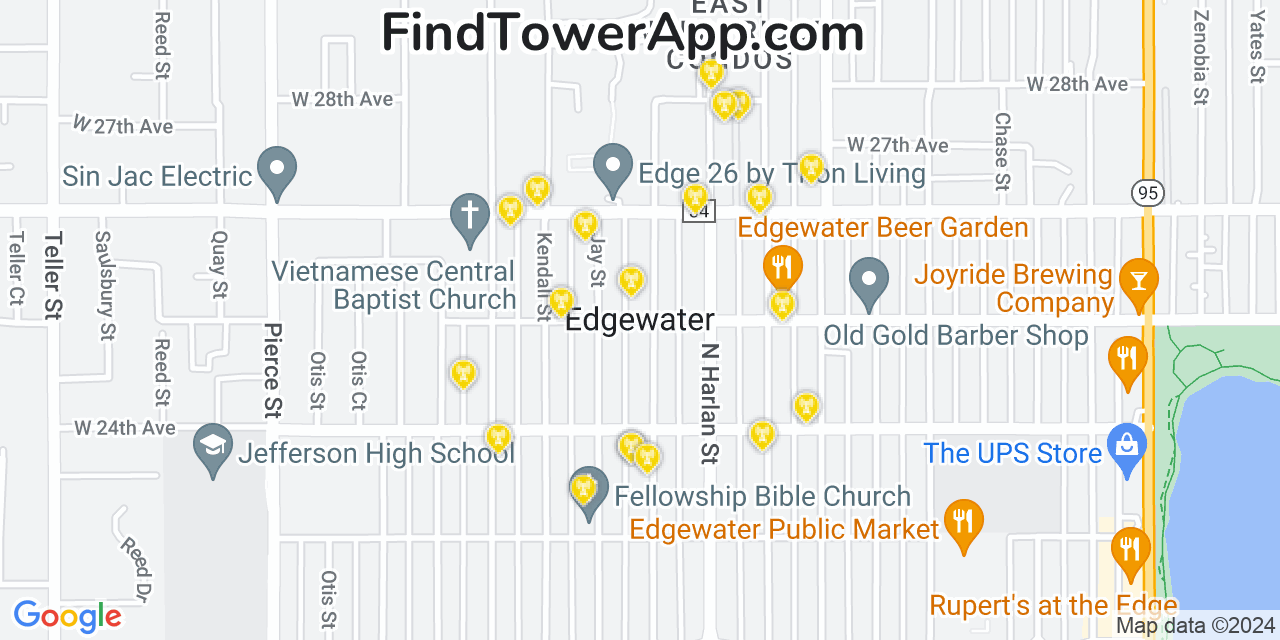 Verizon 4G/5G cell tower coverage map Edgewater, Colorado