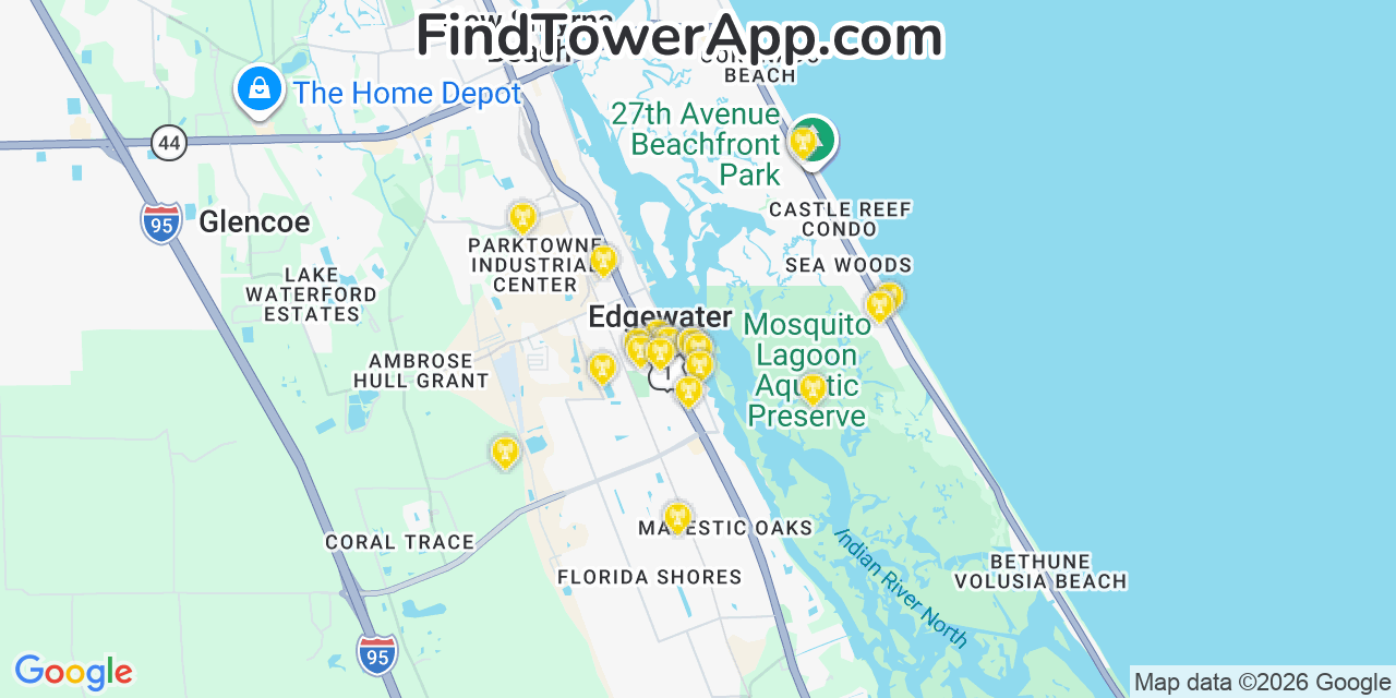 Map showing the 20 primary cell tower locations detected in Edgewater, Florida from AT&T, Verizon, and T-Mobile networks