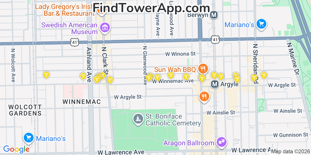 Map showing the 20 primary cell tower locations detected in Edgewater, Illinois from AT&T, Verizon, and T-Mobile networks