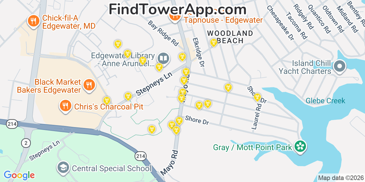 Map showing the 20 primary cell tower locations detected in Edgewater, Maryland from AT&T, Verizon, and T-Mobile networks