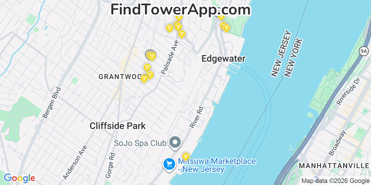 Map showing the 20 primary cell tower locations detected in Edgewater, New Jersey from AT&T, Verizon, and T-Mobile networks