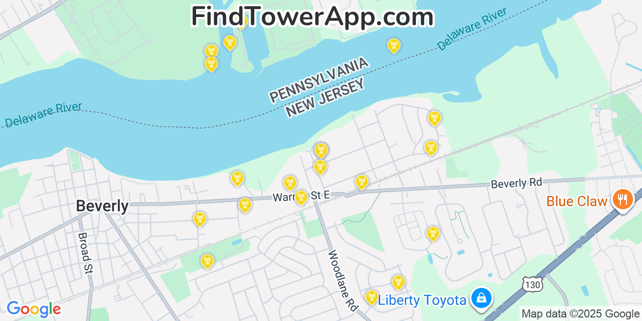 Map showing the 20 primary cell tower locations detected in Edgewater Park, New Jersey from AT&T, Verizon, and T-Mobile networks
