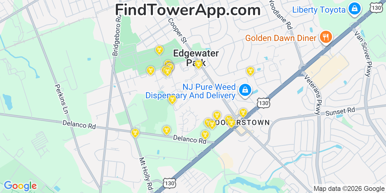 Map showing the 20 primary cell tower locations detected in Edgewater Park, New Jersey from AT&T, Verizon, and T-Mobile networks