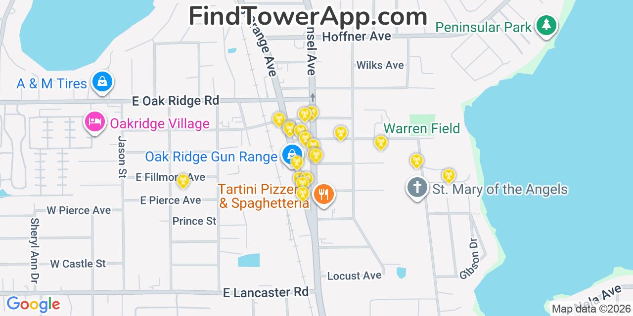Map showing the 20 primary cell tower locations detected in Edgewood, Florida from AT&T, Verizon, and T-Mobile networks