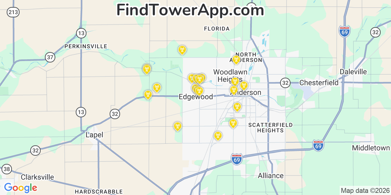 Map showing the 20 primary cell tower locations detected in Edgewood, Indiana from AT&T, Verizon, and T-Mobile networks