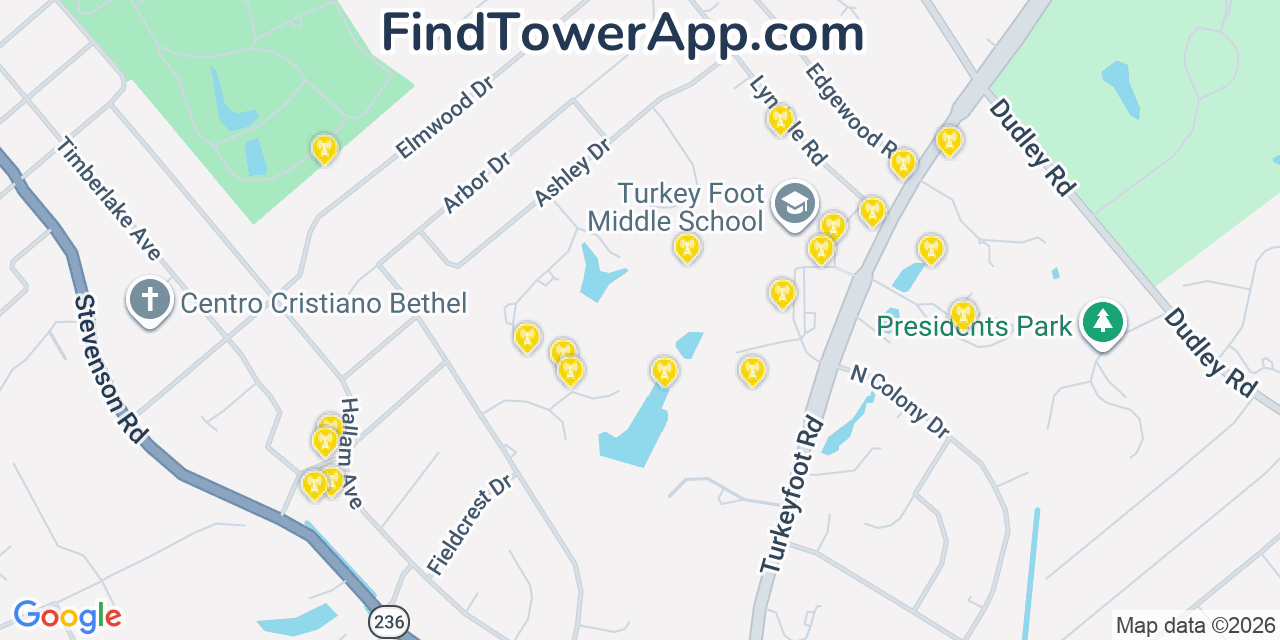 Map showing the 20 primary cell tower locations detected in Edgewood, Kentucky from AT&T, Verizon, and T-Mobile networks
