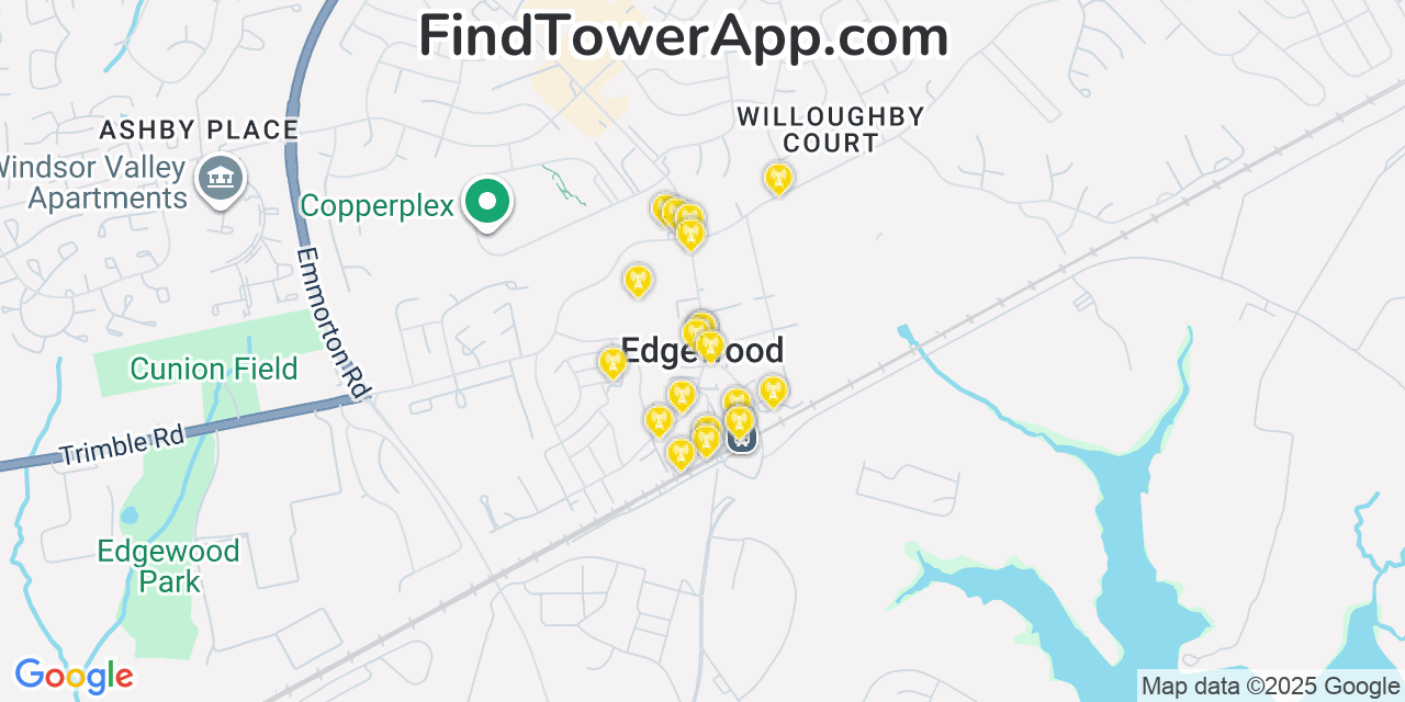 Map showing the 20 primary cell tower locations detected in Edgewood, Maryland from AT&T, Verizon, and T-Mobile networks