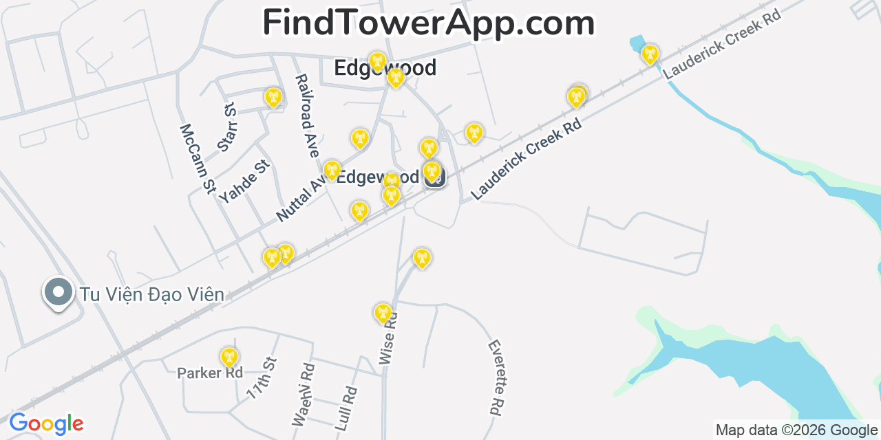 Map showing the 20 primary cell tower locations detected in Edgewood, Maryland from AT&T, Verizon, and T-Mobile networks