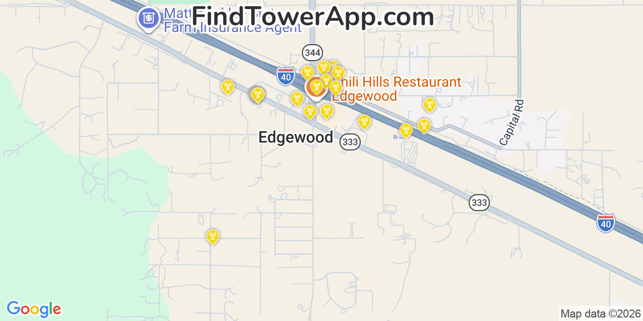 Map showing the 20 primary cell tower locations detected in Edgewood, New Mexico from AT&T, Verizon, and T-Mobile networks
