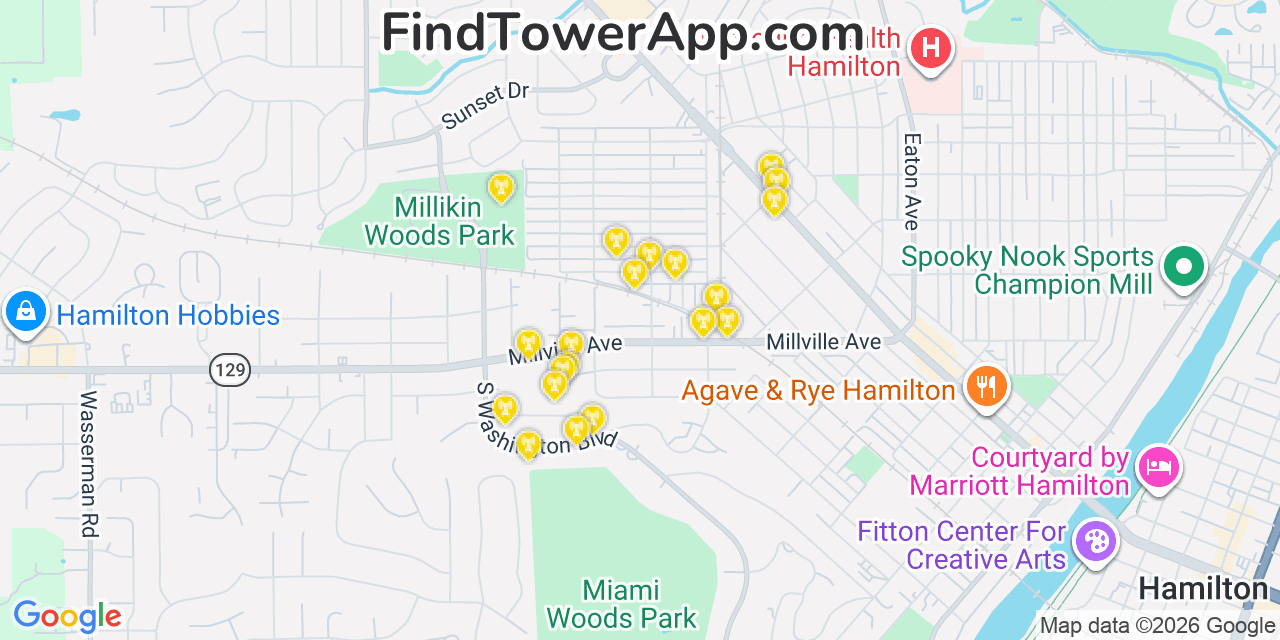Map showing the 20 primary cell tower locations detected in Edgewood, Ohio from AT&T, Verizon, and T-Mobile networks
