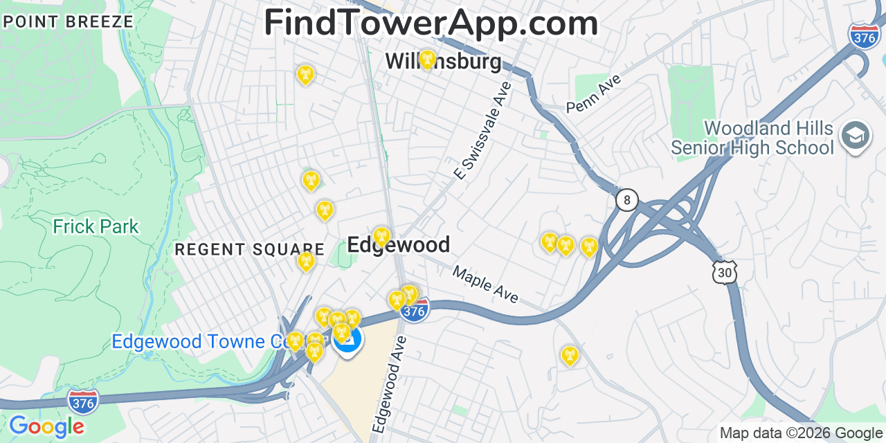 Map showing the 20 primary cell tower locations detected in Edgewood, Pennsylvania from AT&T, Verizon, and T-Mobile networks