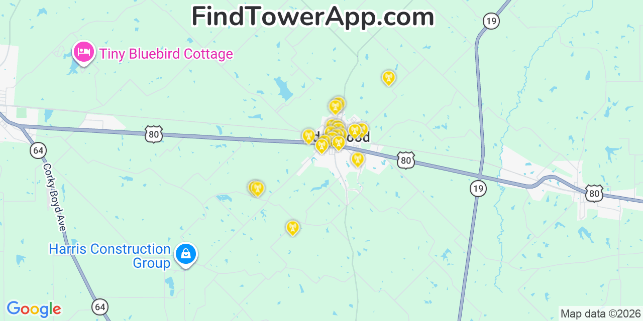 Map showing the 20 primary cell tower locations detected in Edgewood, Texas from AT&T, Verizon, and T-Mobile networks