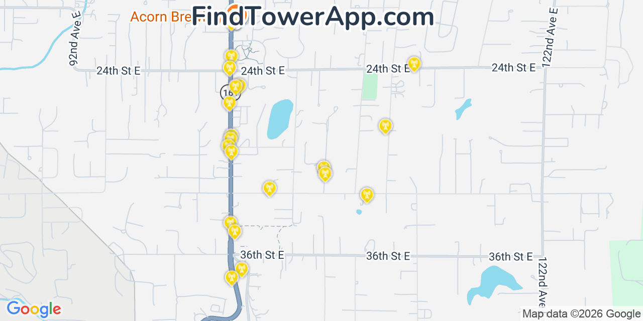 Map showing the 20 primary cell tower locations detected in Edgewood, Washington from AT&T, Verizon, and T-Mobile networks