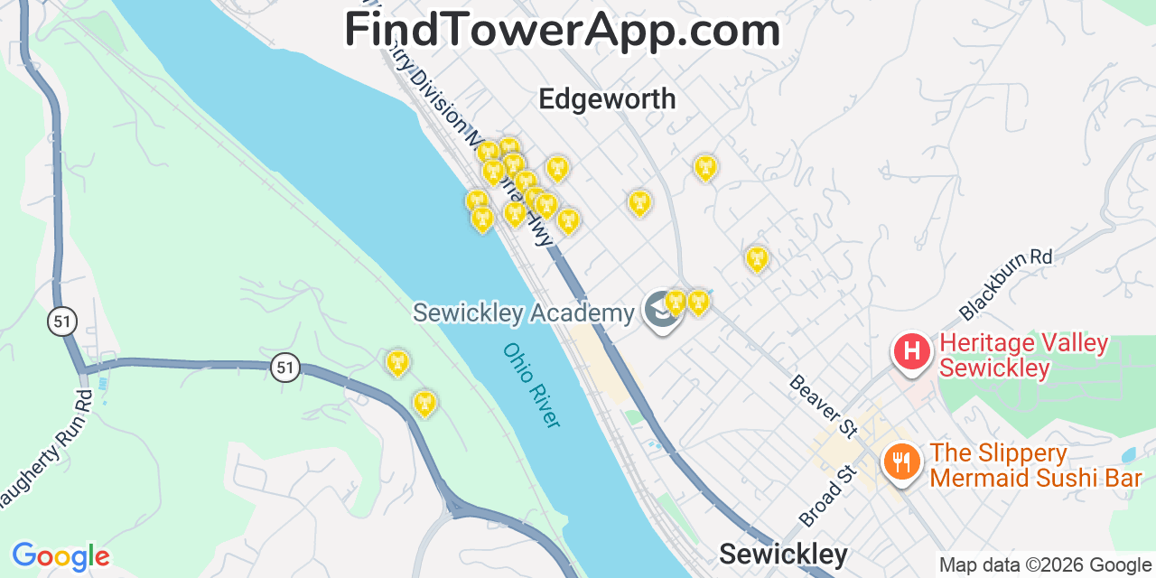 Map showing the 20 primary cell tower locations detected in Edgeworth, Pennsylvania from AT&T, Verizon, and T-Mobile networks