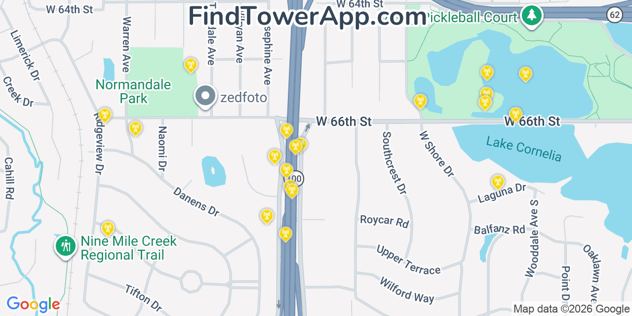Map showing the 20 primary cell tower locations detected in Edina, Minnesota from AT&T, Verizon, and T-Mobile networks