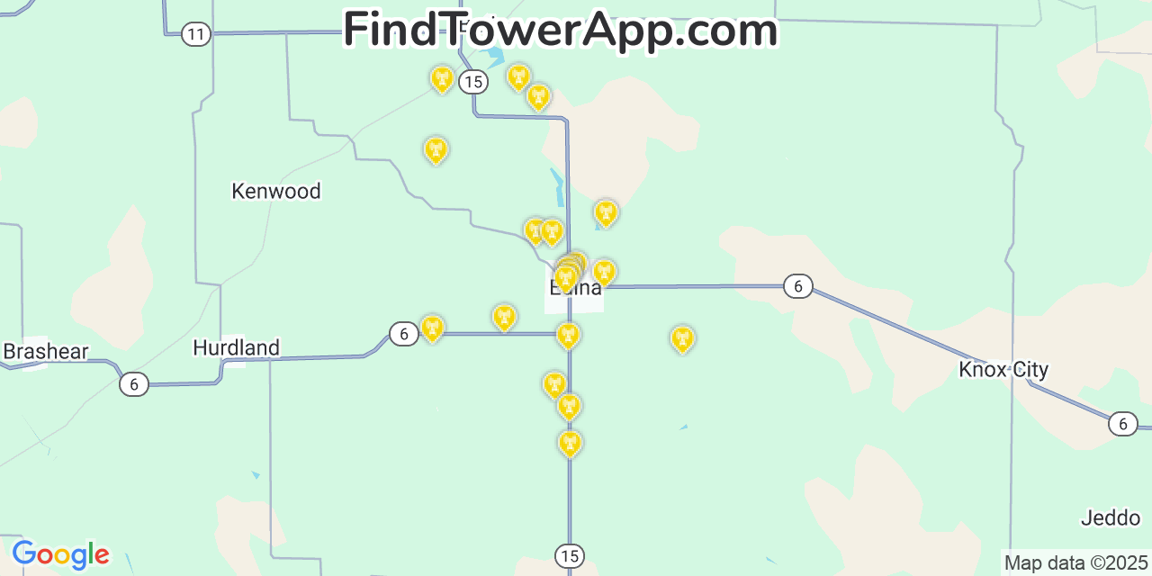 Map showing the 20 primary cell tower locations detected in Edina, Missouri from AT&T, Verizon, and T-Mobile networks