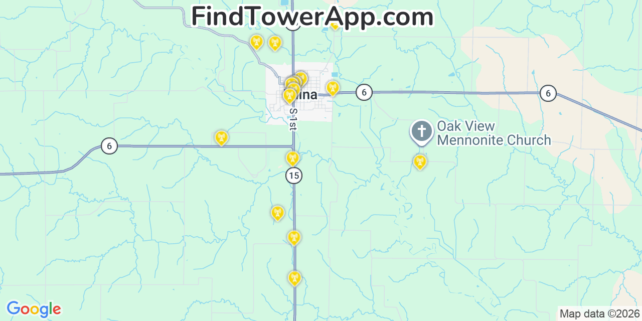 Map showing the 20 primary cell tower locations detected in Edina, Missouri from AT&T, Verizon, and T-Mobile networks