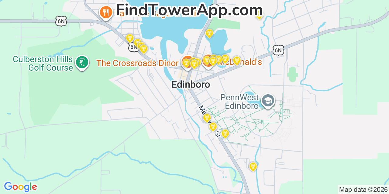 Map showing the 20 primary cell tower locations detected in Edinboro, Pennsylvania from AT&T, Verizon, and T-Mobile networks