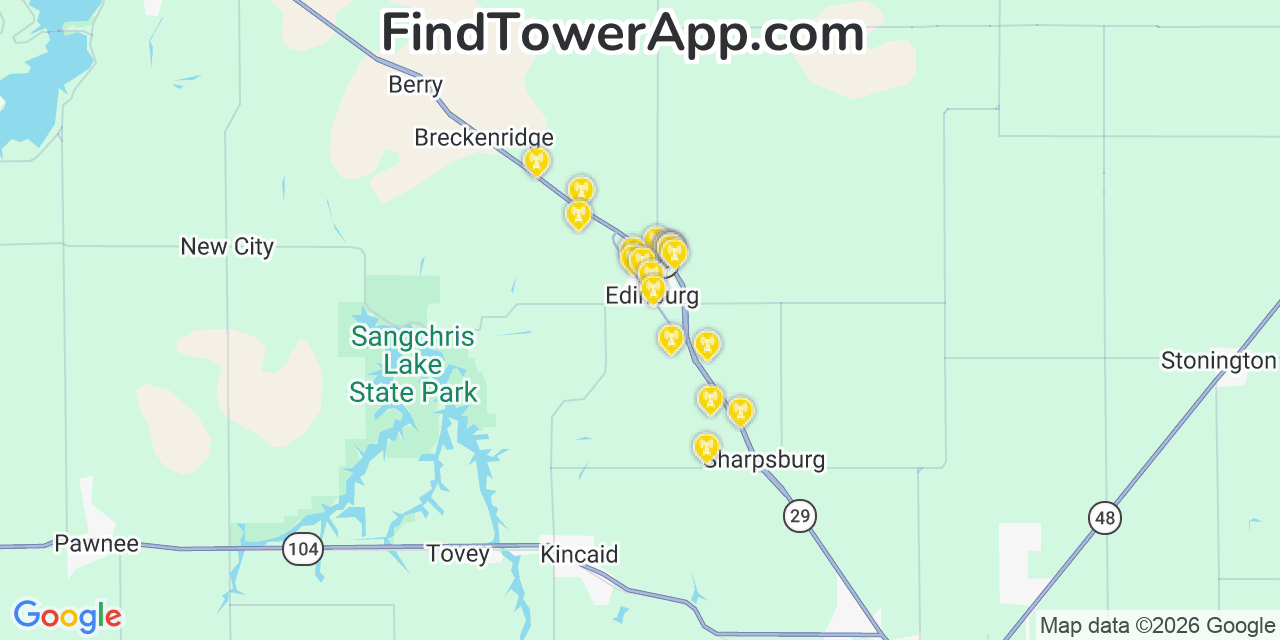 Map showing the 20 primary cell tower locations detected in Edinburg, Illinois from AT&T, Verizon, and T-Mobile networks