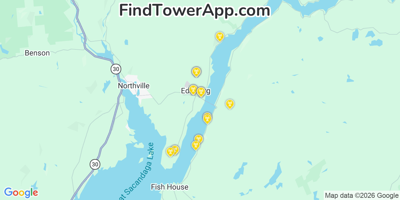 Map showing the 20 primary cell tower locations detected in Edinburg, New York from AT&T, Verizon, and T-Mobile networks