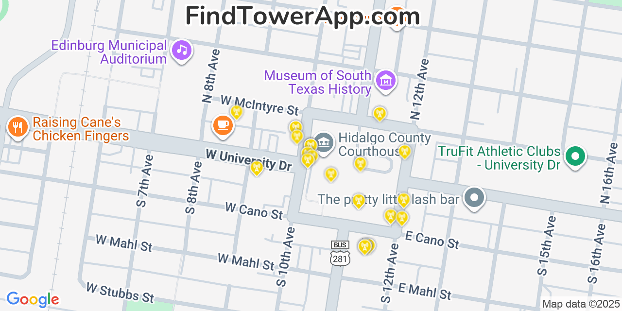 Map showing the 20 primary cell tower locations detected in Edinburg, Texas from AT&T, Verizon, and T-Mobile networks