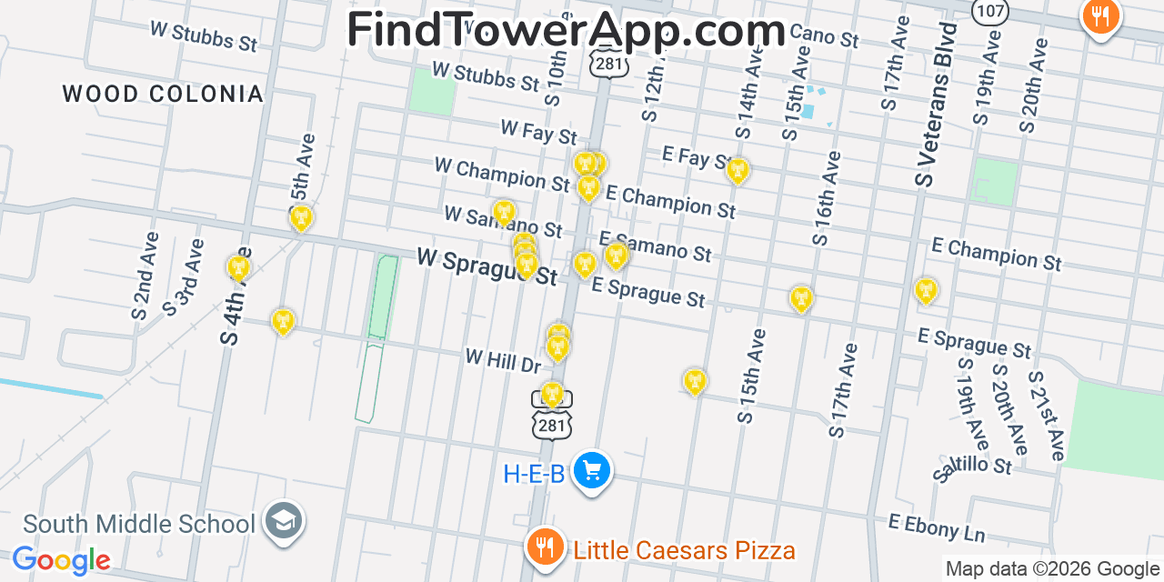 Map showing the 20 primary cell tower locations detected in Edinburg, Texas from AT&T, Verizon, and T-Mobile networks