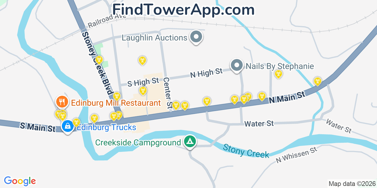 Map showing the 20 primary cell tower locations detected in Edinburg, Virginia from AT&T, Verizon, and T-Mobile networks