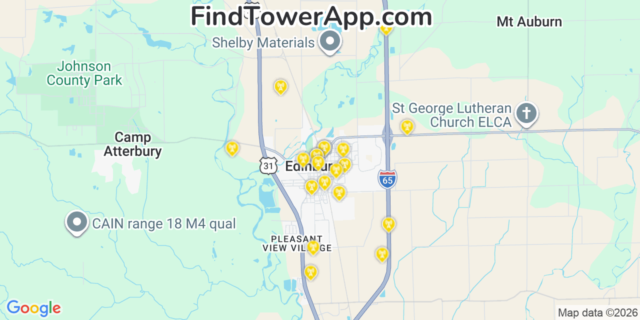 Map showing the 20 primary cell tower locations detected in Edinburgh, Indiana from AT&T, Verizon, and T-Mobile networks