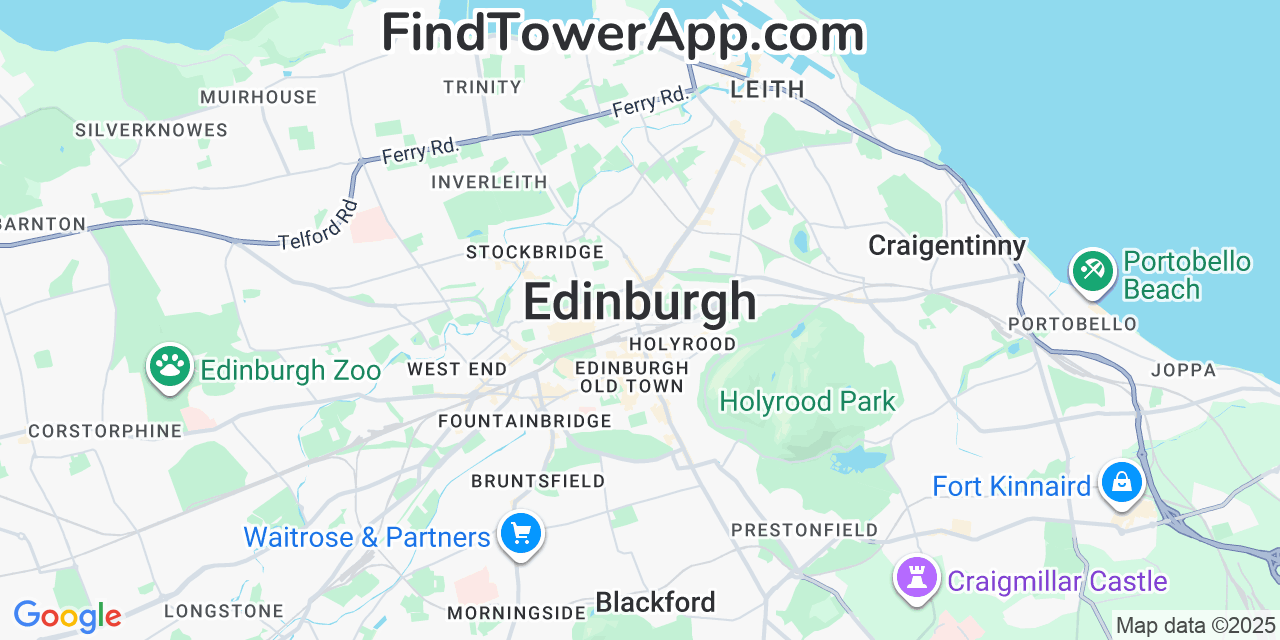 Map showing the 0 primary EE cell tower locations detected in Edinburgh, United Kingdom with coverage radius and signal strength indicators