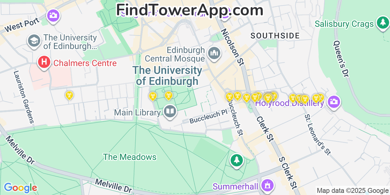 Map showing the 20 primary cell tower locations detected in Edinburgh, United Kingdom with coverage areas and signal strength