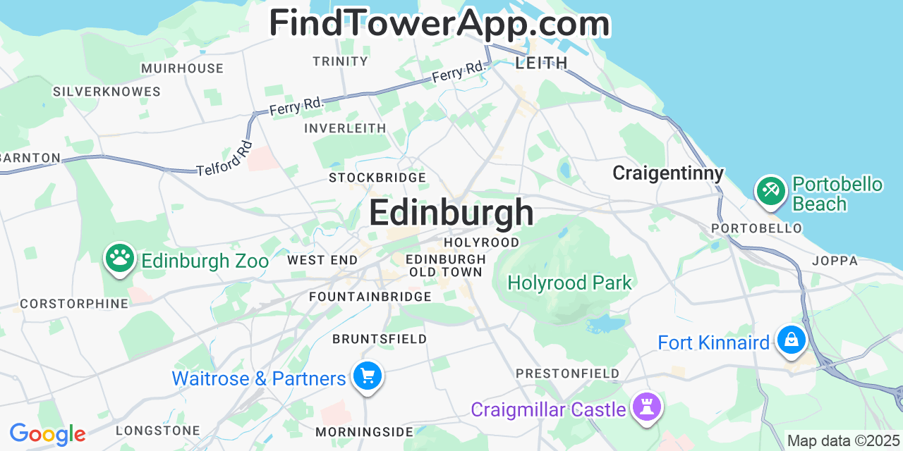 Map showing the 0 primary Three cell tower locations detected in Edinburgh, United Kingdom with coverage radius and signal strength indicators