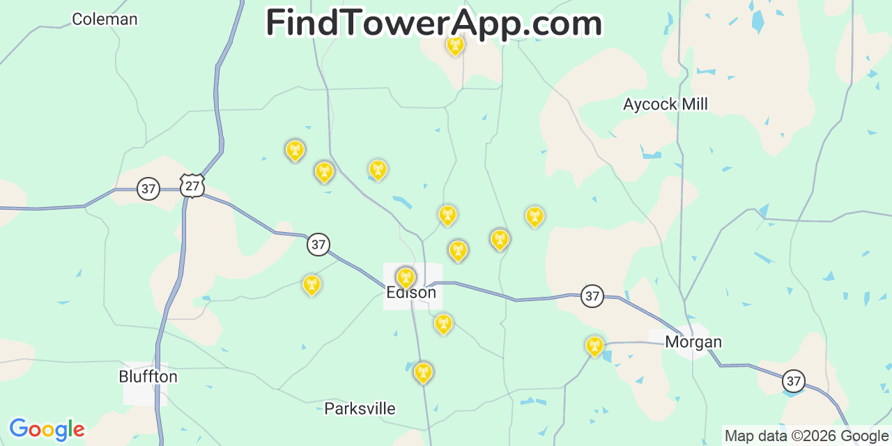 Map showing the 20 primary cell tower locations detected in Edison, Georgia from AT&T, Verizon, and T-Mobile networks